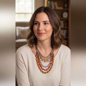 Icing Layered Turquois, Coral Red And Amber Beaded Necklace With Antique Brass